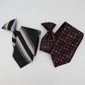 Stafford Essentials Mens Clip On Ties Black Gray Stripe Red Square Pattern Set 2